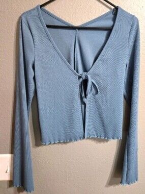 Gymshark Pause Cardigan Charred Blue Ribbed Long Sleeve Tie-Front Top